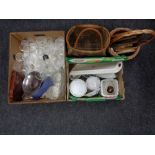 Two boxes of china, crystal, cased cutlery,