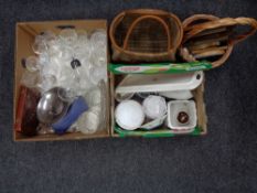 Two boxes of china, crystal, cased cutlery,