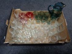 A box of mid century glass ware, water jug and beakers,