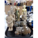 A tray of pottery figures, ottoman soldiers and Chinese figure,