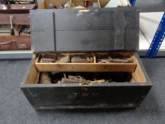 An antique stained pine joiner's box and tools