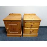 A pine two drawer bedside chest and bedside cabinet