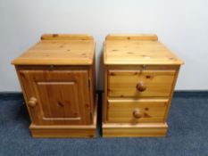 A pine two drawer bedside chest and bedside cabinet