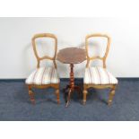 An antique pedestal occasional table together with a pair of bedroom chairs