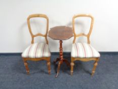 An antique pedestal occasional table together with a pair of bedroom chairs