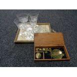 A set of cased Opium scales with weights together with a gilded serving tray and five etched