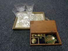 A set of cased Opium scales with weights together with a gilded serving tray and five etched