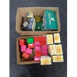 Two boxes of boxed Tetley tea folk, Ringtons tins,