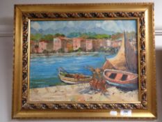 A gilt framed Onuzzi oil on canvas - harbour scene