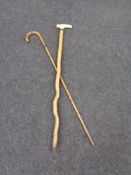 A bamboo walking stick together with one other stick