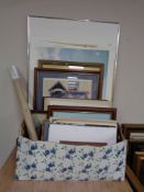 A large quantity of framed and unframed pictures including oils on board, tapestry,