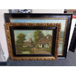 Two black and gilt framed continental school oil paintings - Farm scene and cottage by a lake