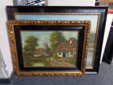 Two black and gilt framed continental school oil paintings - Farm scene and cottage by a lake
