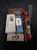 A tray of boxed and unboxed die cast vehicles, fire engines, corgi,