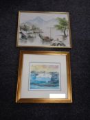 A gilt framed oil on canvas depicting fishing scene signed Cheng,