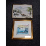 A gilt framed oil on canvas depicting fishing scene signed Cheng,