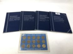 Four British coin folders (all only partially complete) and a British set of brass threepence