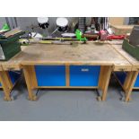 An Lervad school wood working bench fitted with internal drawers and four vices