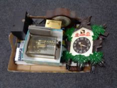 A box of clocks, quarts cuckoo clock, mid century mantle clock,