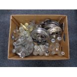 A box of antique plated cruet stands and bottles