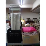 A leather storage box together with one other box containing bathroom stand, woolen blankets,