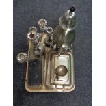 A tray of twentieth century plated wares, plated tea urn, entree dish, candlesticks,