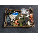 Two boxes of action men, vehicles,