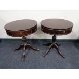 A pair of inlaid mahogany pedestal drum tables