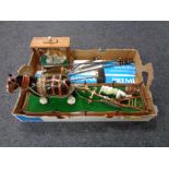 A box of china shire horse and cart on wooden stand, figure of a dog in case,