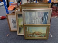 A quantity of pictures and prints, oil painting depicting boats,