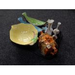 A tray of china, two Maling gondola bowls, Carlton comport, cottage ware tea pot,