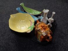 A tray of china, two Maling gondola bowls, Carlton comport, cottage ware tea pot,