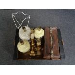 A box of gilt wood table lamps, vintage leather Gladstone bag,