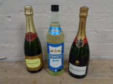 A bottle of Bollinger champagne together with a further bottle of Waitrose Champagne and Vermouth