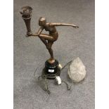 An Art Deco figural table lamp on marble base in the form of a dancer with torch (a/f)