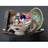 A box of antique and later Oriental china, chargers, Imari plate,