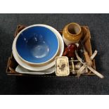 A box of vintage kitchen scales, mixing bowls, storage jar,