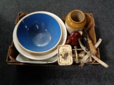 A box of vintage kitchen scales, mixing bowls, storage jar,