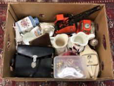 A box of various china, tub of costume jewellery, die cast crane.