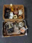 Two boxes of teapots, biscuit barrels, clocks,