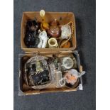 Two boxes of teapots, biscuit barrels, clocks,