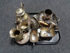 A tray of antique plated wares, tea ware, purse,