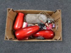 A box of early twentieth century syphons with gas canisters etc