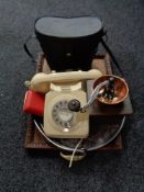 A wooden twin handled tray, telephone, coffee grinder, cased binoculars,