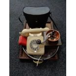 A wooden twin handled tray, telephone, coffee grinder, cased binoculars,