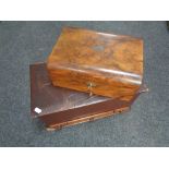 A Victorian walnut jewellery box together with a further table topped storage box fitted with three