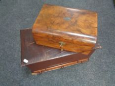 A Victorian walnut jewellery box together with a further table topped storage box fitted with three