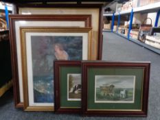A framed Anita Hall watercolour - Arncliffe in Littendale together with four further framed prints