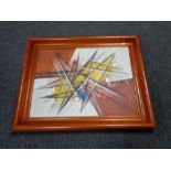 An abstract painting on canvas in heavy hardwood frame