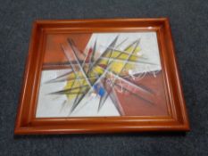 An abstract painting on canvas in heavy hardwood frame